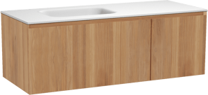 Balmani Idra zwevend badkamermeubel 135 x 55 cm teak met Tablo Arcato asymmetrisch linkse wastafel in solid surface mat wit