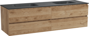 Balmani Lucida hängendes Möbelstück Set: 180 x 55 cm, Rohe Eiche, mit Tablo Arcato Doppelwaschtisch, Schwarzes Granit