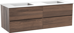 Balmani Mitra zwevend badmeubel 150 x 55 cm notenhout met Tablo Stretto dubbele wastafel in solid surface mat wit