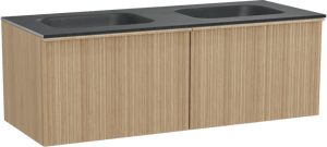 Balmani Forma zwevend badmeubel 135 x 55 cm naturel eiken met Tablo Arcato dubbele wastafel in zwart graniet, Verticale asymmetrische ronde ribbel