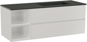 Storke Edge hängendes Möbelstück Set: 140 x 52 cm, Weiß glänzend, mit Scuro Waschtisch rechts, Quarz Schwarz matt