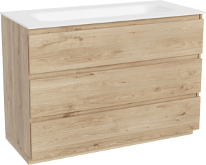 Balmani Lucida staand badkamermeubel 120 x 55 cm ruwe eik met Tablo Arcato enkele wastafel voor 2 kraangaten in solid surface mat wit