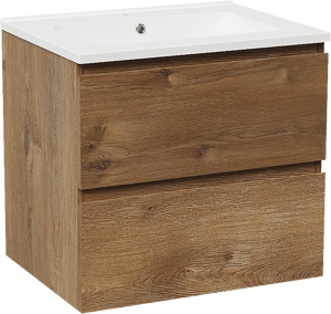 Linie Lado zwevend badkamermeubel 60 x 46 cm bruine eik met Vano enkele wastafel in composietmarmer glanzend wit