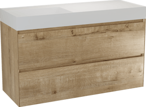 Balmani Mitra Compact hängendes Möbelstück Set: 120 x 46 cm, Eiche Rau, mit Argila Waschtisch links Marmorkomposit Weiβ matt