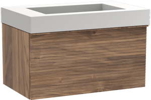 Balmani Forma zwevend badkamermeubel 90 x 55 cm amerikaanse notelaar met Modus enkele wastafel in solid surface mat wit, Horizontale symmetrische rechte ribbel