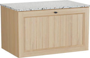 Balmani Lemon hängendes Möbelstück Set: 90 x 55 cm, Naturbelassene Eiche Furnier, mit Stretto Einzel Waschtischplatte, Terrazzo in Weiß/Schwarz matt