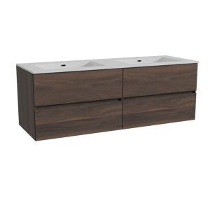 Storke Edge zwevend badmeubel 150 x 52 cm notenhout met Diva dubbele wastafel in composietmarmer hoogglans wit