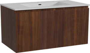 Storke Ribs zwevend badmeubel 95 x 52 cm notenhout met Diva enkele wastafel in composietmarmer hoogglans wit, Verticale symmetrische rechte ribbel