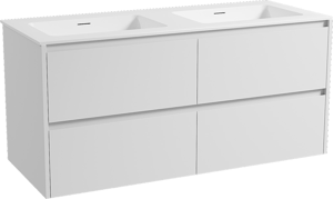 Storke Seda hängendes Möbelstück Set: 130 x 52 cm, Weiß matt, mit Mata Doppelwaschtisch, Solid Surface Weiß matt