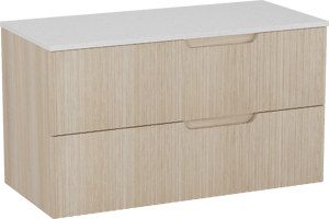Linie Ribbo meuble salle de bains suspendu 100 x 46 cm chêne clair avec Lado tablette simple ou double en mélaminé terrazzo blanc, Nervure circulaire symétrique verticale