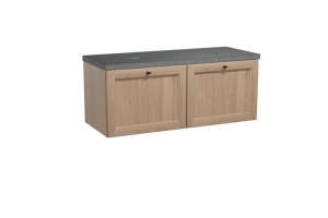 Balmani Lemon hängendes Möbelstück Set: 135 x 55 cm, Verwitterte Eiche, mit Rock Doppel Waschtischplatte, Schwarzes Granit