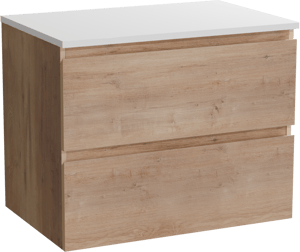 Linie Lado hängendes Möbelstück Set: 70 x 46 cm, Naturbelassene Eiche, mit Lado Einzel Waschtischplatte, Marmorkomposit Weiß glänzend