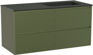 Storke Seda zwevend badkamermeubel 120 x 52 cm olijfgroen met Scuro asymmetrisch rechtse wastafel in kwarts mat zwart