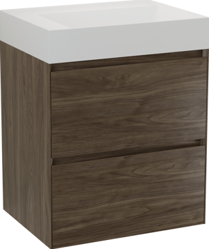 Balmani Mitra Compact zwevend badkamermeubel 60 x 46 cm Amerikaanse notelaar met Argila asymmetrisch rechtse wastafel in composietmarmer mat wit