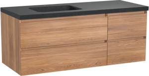 Balmani Mitra hängendes Möbelstück Set: 135 x 55 cm, Teak, mit Napoli Waschtisch links, Schwarzes Granit