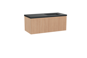 Balmani Fila zwevend badkamermeubel 120 x 55 cm natuur eik met Napoli asymmetrisch rechtse wastafel in graniet zwart, Verticale symmetrische rechte ribbel
