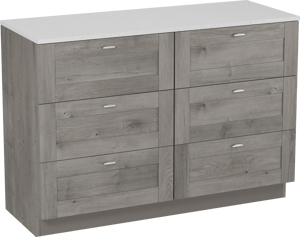 Linie Classo freistehendes Möbelstück Set: 120 x 46 cm, Graue Eiche, mit Lado Einzel- oder Doppel Waschtischplatte, Melamin in Terrazzo Weiß