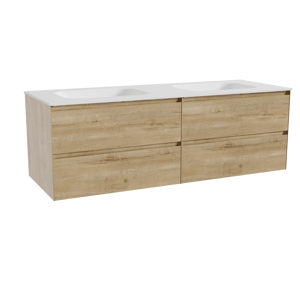 Balmani Mitra hängendes Möbelstück Set: 150 x 55 cm, Rohe Eiche, mit Tablo Arcato Doppelwaschtisch, Solid Surface Weiß matt