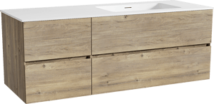 Storke Edge zwevend badkamermeubel 140 x 52 cm ruwe eik met Mata asymmetrisch rechtse wastafel in solid surface mat wit