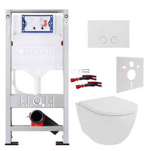 Luca Varess Moreno hangtoilet mat wit randloos SilentFlush met Geberit Sigma inbouwspoelreservoir UP320 met Burda frame en bedieningspaneel