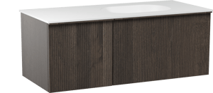 Balmani Forma meuble salle de bains suspendu 120 x 55 cm chêne fumé avec Tablo Oval vasque asymétrique droite en solid surface blanc mat, Nervure droite symétrique verticale