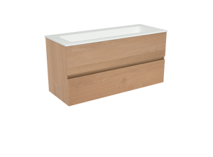 Storke Edge hängendes Möbelstück Set: 100 x 40 cm, Rohe Eiche, mit Mata Einzelwaschtisch für 2 Armaturenlöcher, Solid Surface Weiß matt