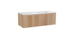 Balmani Idra zwevend badmeubel 135 x 55 cm naturel eiken met Tablo Arcato asymmetrisch rechtse wastafel in solid surface mat wit