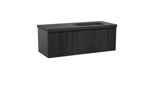 Balmani Forma meuble salle de bains suspendu 135 x 55 cm chêne noir avec Napoli vasque asymétrique droite en granit noir, Nervure droite symétrique verticale