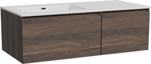 Storke Edge zwevend badmeubel 110 x 52 cm notenhout met Diva asymmetrisch linkse wastafel in composietmarmer hoogglans wit