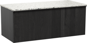 Balmani Forma hängendes Möbelstück Set: 120 x 55 cm, Schwarze Eiche, mit Stretto Einzel- oder Doppel Waschtischplatte, Terrazzo in Weiß/Schwarz matt, Vertikale symmetrische gerade Rippe