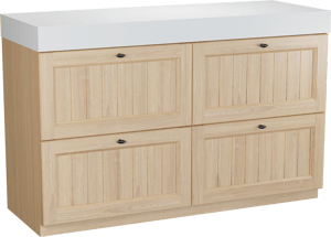 Balmani Lemon freistehendes Möbelstück Set: 150 x 55 cm, Naturbelassene Eiche Furnier, mit Dominus Einzel- oder Doppel Waschtischplatte, Weiß matt