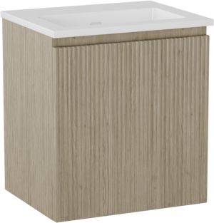 Storke Ribs zwevend badmeubel 45 x 35 cm ruw eiken met Diva enkele wastafel in composietmarmer hoogglans wit, Verticale symmetrische rechte ribbel