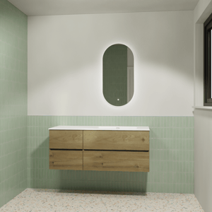 Storke Edge meuble salle de bains suspendu 130 x 52 cm chêne brut avec Diva vasque asymétrique droite en marbre composite blanc brillant et Somma miroir