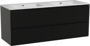 Storke Seda zwevend badmeubel 150 x 52 cm mat zwart met Diva dubbele wastafel in composietmarmer hoogglans wit