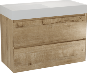 Balmani Mitra Compact hängendes Möbelstück Set: 100 x 46 cm, Eiche Rau, mit Argila Waschtisch links Marmorkomposit Weiβ matt