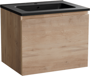 Linie Lado meuble salle de bains suspendu 60 x 46 cm chêne naturel avec Vano plan simple en marbre composite noir mat