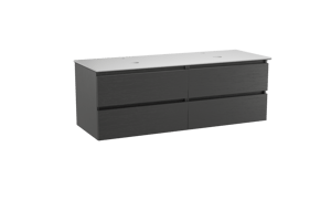 Balmani Lucida hängendes Möbelstück Set: 150 x 55 cm, Schwarze Eiche, mit Facetta Doppel Waschtischplatte, Solid Surface Weiß matt