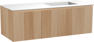 Balmani Idra by Mitra meuble salle de bains suspendu 135 x 55 cm chêne naturel avec Tablo Stretto plan vasque asymétrique à droite en solid surface blanc mat