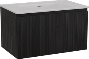 Storke Ribs zwevend badkamermeubel 85 x 52 cm zwarte eik met Kera enkele wastafel in porselein mat wit