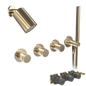 Blaufoss Pavilion robinet thermostatique Colonne de douche de pluie encastré avec douche de tête 14 x 9 cm Brushed Champagne Gold