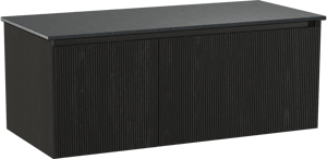 Balmani Fila hängendes Möbelstück Set: 120 x 55 cm, Schwarze Eiche, mit Stretto Einzel Waschtischplatte, Granit, Schwarzes Granit, Vertikale symmetrische gerade Rippe