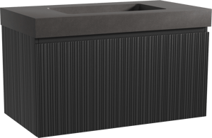 Storke Ribs zwevend badkamermeubel 95 x 52 cm zwarte eik met Scuro High enkele wastafel in kwarts mat zwart, Verticale asymmetrische rechte ribbel