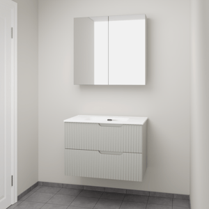 Linie Ribbo zwevend badkamermeubel 80 x 46 cm greige met Baro enkele wastafel in porselein glanzend wit, Verticale symmetrische ronde ribbel en Montro spiegelkast