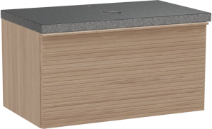 Balmani Forma hängendes Möbelstück Set: 90 x 55 cm, Naturbelassene Eiche, mit Rock Einzel Waschtischplatte, Granit, Schwarzes Granit, Horizontale symmetrische gerade Rippe