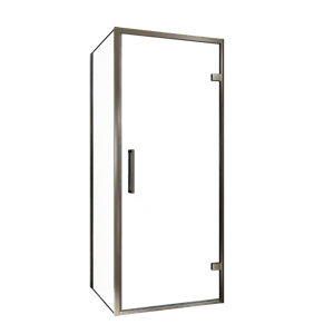 Balmani Senses Design douchehoek met rechtse draaideur en vaste zijwand, 90 x 90 cm, Helder glas, Brushed GunMetal profielen