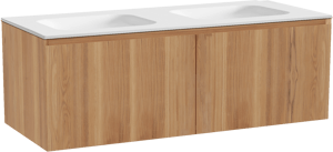 Balmani Idra zwevend badmeubel 135 x 55 cm teakhout met Tablo Arcato dubbele wastafel in solid surface mat wit