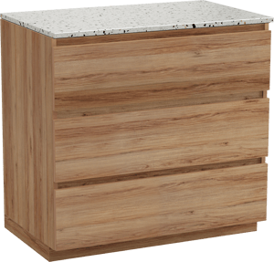 Balmani Lucida freistehendes Möbelstück Set: 90 x 55 cm, Teak, mit Stretto Einzel Waschtischplatte, Terrazzo in Weiß/Schwarz matt