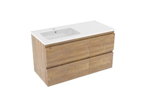 Linie Lado zwevend badmeubel 100 x 46 cm naturel eiken met Vano asymmetrisch linkse wastafel in composietmarmer hoogglans wit