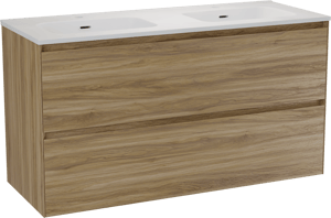 Balmani Mitra Compact zwevend badkamermeubel 120 x 46 cm wilde eik met Nostra dubbele wastafel in porselein mat wit