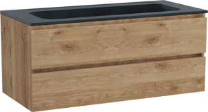 Balmani Lucida zwevend badkamermeubel 120 x 55 cm ruwe eik met Tablo Strada enkele wastafel voor 2 kraangaten in composietmarmer mat zwart